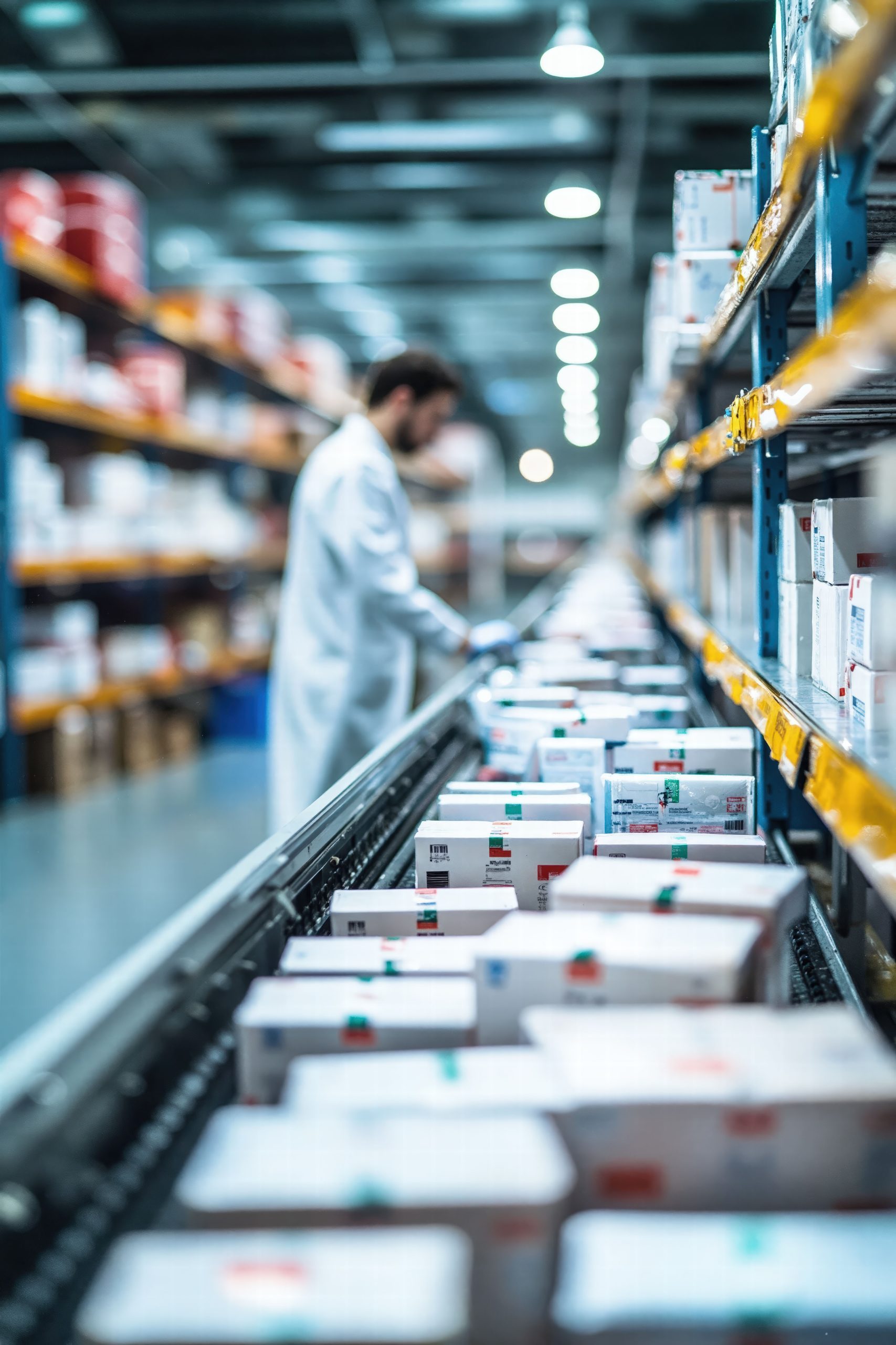 Pharmacist reviewing temperature-sensitive pharmaceutical packages moving along a cold chain conveyor line