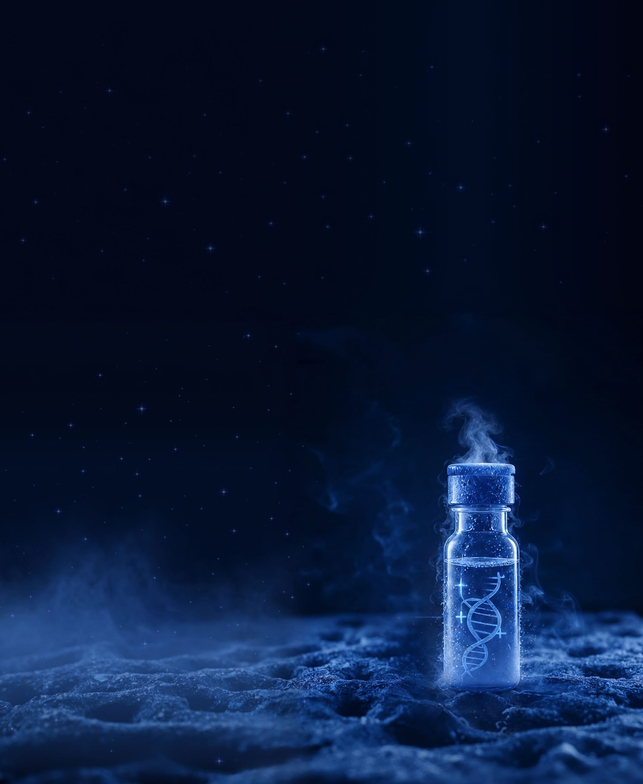Glowing vial holding a DNA strand, representing cell and gene therapy logistics