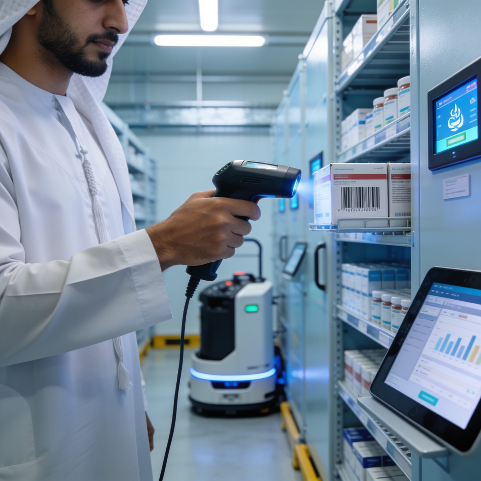 Trainee scanning a pharmaceutical package barcode beside an autonomous mobile robot in the distribution center