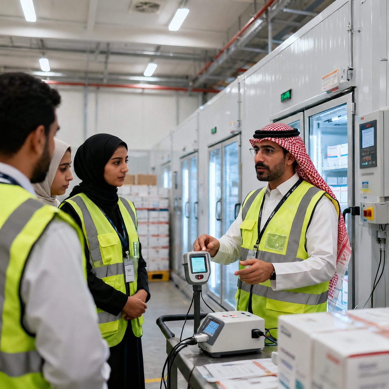 Salehiya team member briefing trainees beside pharmaceutical cold storage units