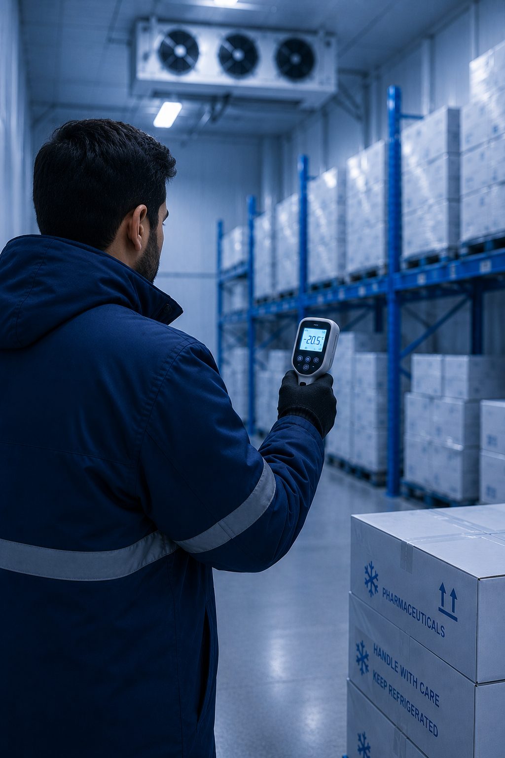 Warehouse worker checking a handheld cold chain thermometer reading -20.5 degrees in a pharmaceutical cold storage aisle